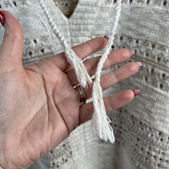 Eddie Bauer Sz M / L Poncho Sweater Beige Open Knit V-neck Short Sleeve Women’s - Picture 6 of 10